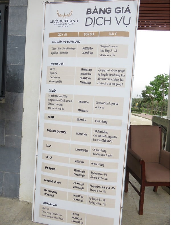 Bảng giá vé dịch vụ tham quan, vui chơi ở khu du lịch Mường Thanh Safari Diễn Châu: Kinh nghiệm đi chơi ở khu du lịch Mường Thanh, Diễn Châu